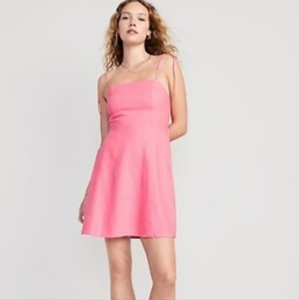 Old Navy Fit & Flare Tie-Strap Linen-Blend Mini Dress Pink